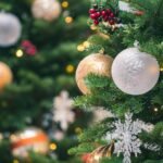 Close-up of a decorated Christmas tree with elegant ornaments.